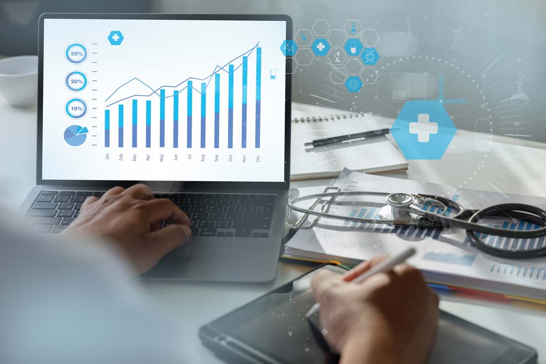 Healthcare analytics dashboard on a tablet